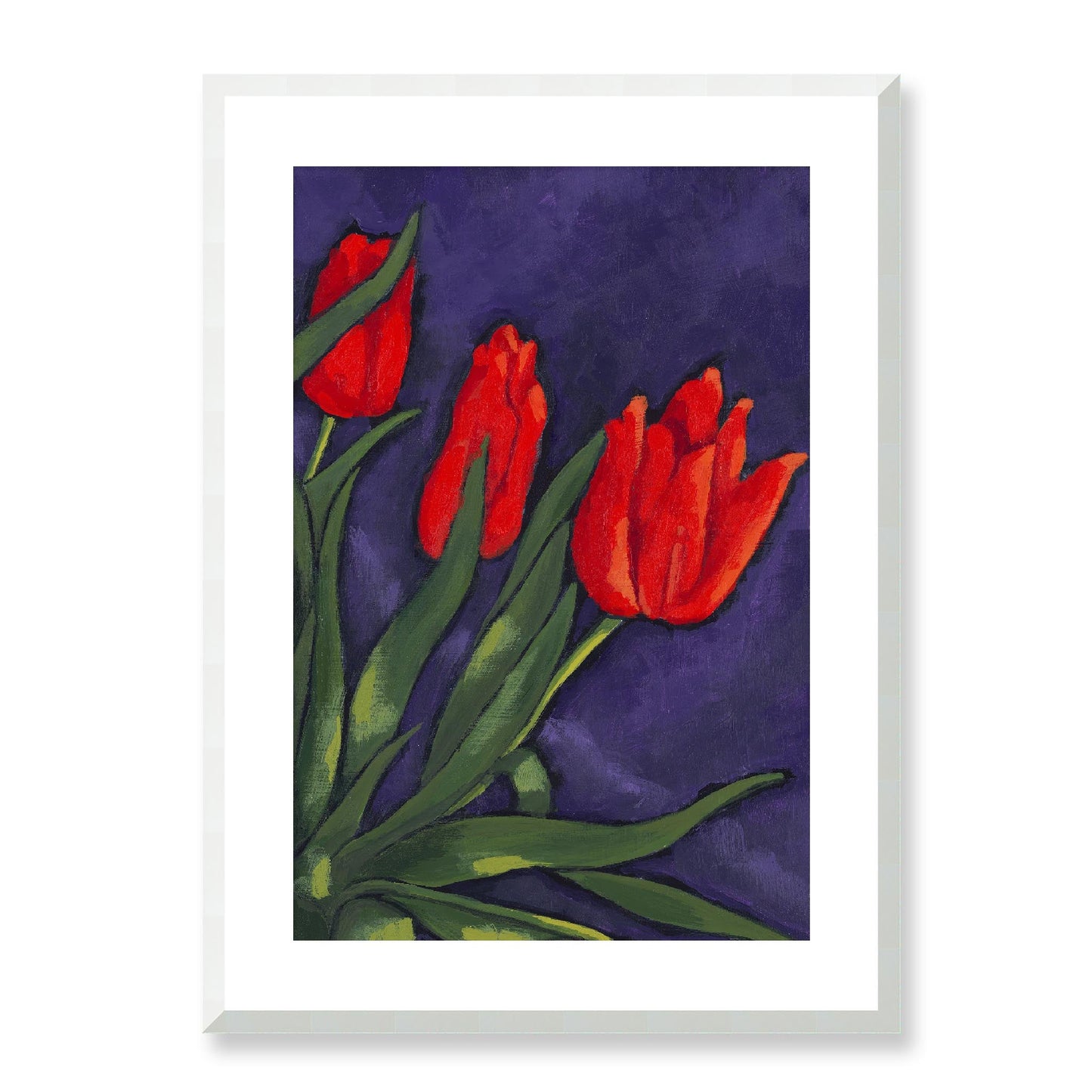 Framed Fine Art Print, White Mat - 12x16 16x22 20x28 24x36 28x40 inches | Red Tulips in Acrylic, FPV-1111-003, Prints, Fine art, White Frame, 51 x 71 cm ,20 x 28 inches