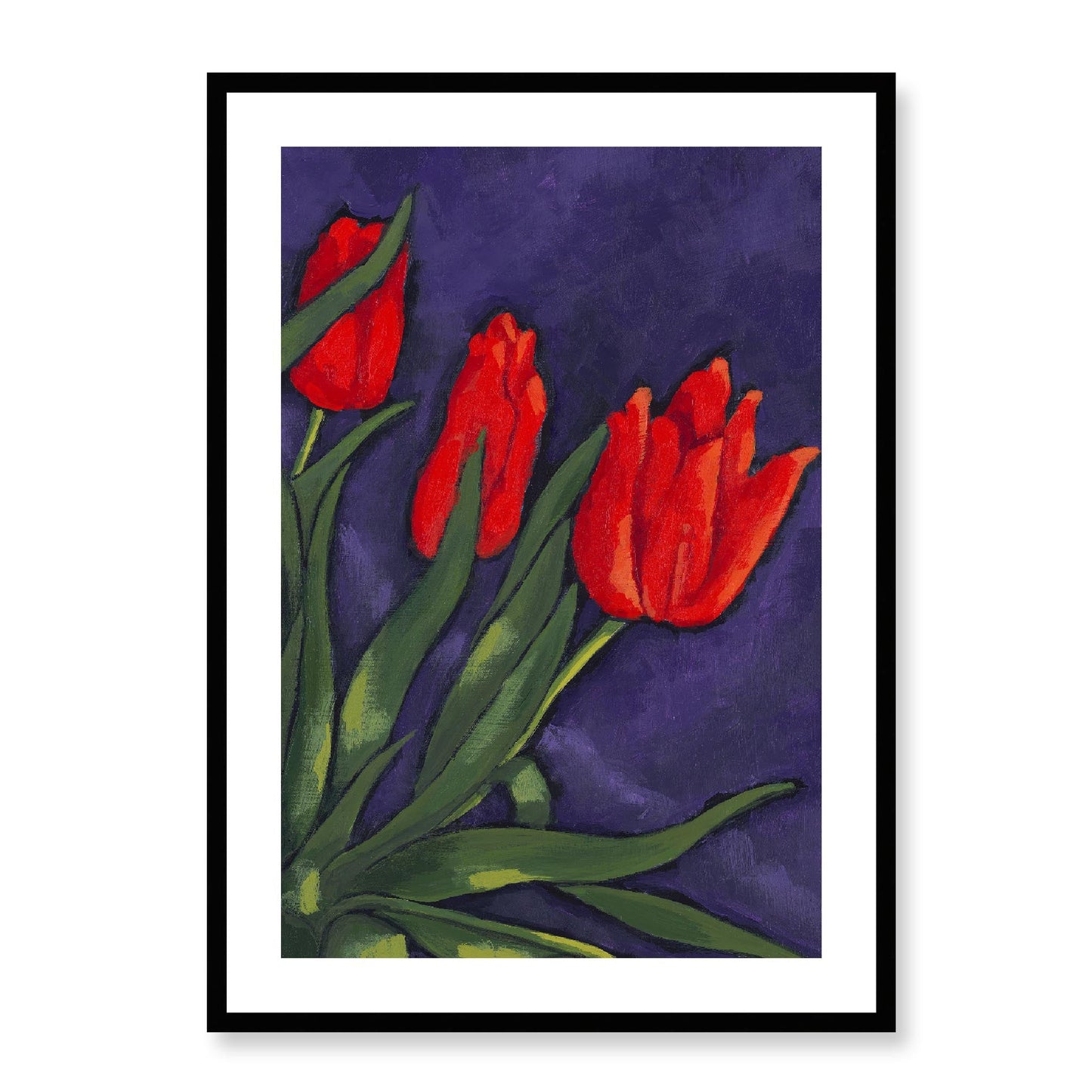 Framed Fine Art Print, White Mat - 12x16 16x22 20x28 24x36 28x40 inches | Red Tulips in Acrylic, FPV-1111-003, Prints, Fine art, Black Frame, 61 x 86 cm ,24 x 34 inches