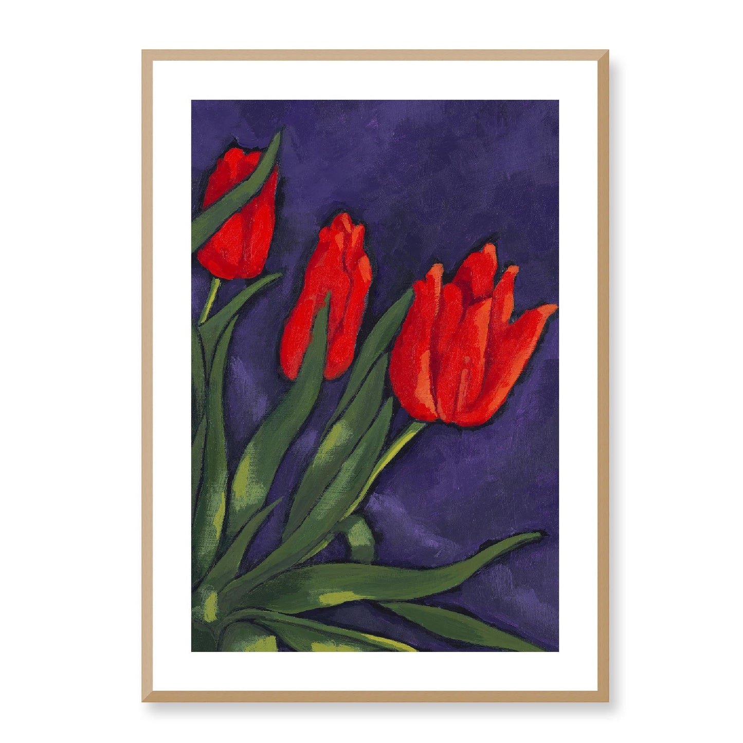 Framed Fine Art Print, White Mat - 12x16 16x22 20x28 24x36 28x40 inches | Red Tulips in Acrylic, FPV-1111-003, Prints, Fine art, Natural Frame, 61 x 86 cm ,24 x 34 inches