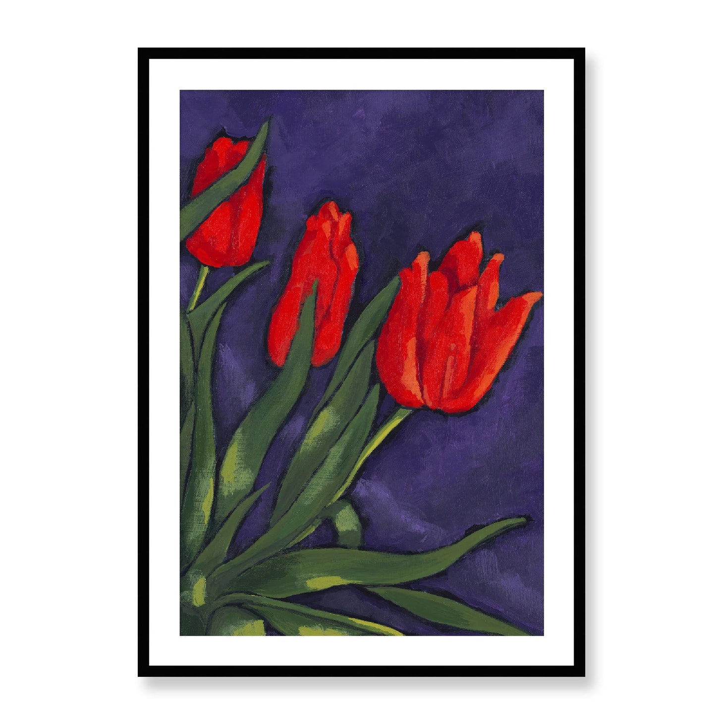 Framed Fine Art Print, White Mat - 12x16 16x22 20x28 24x36 28x40 inches | Red Tulips in Acrylic, FPV-1111-003, Prints, Fine art, Black Frame, 71 x 102 cm ,28 x 40 inches