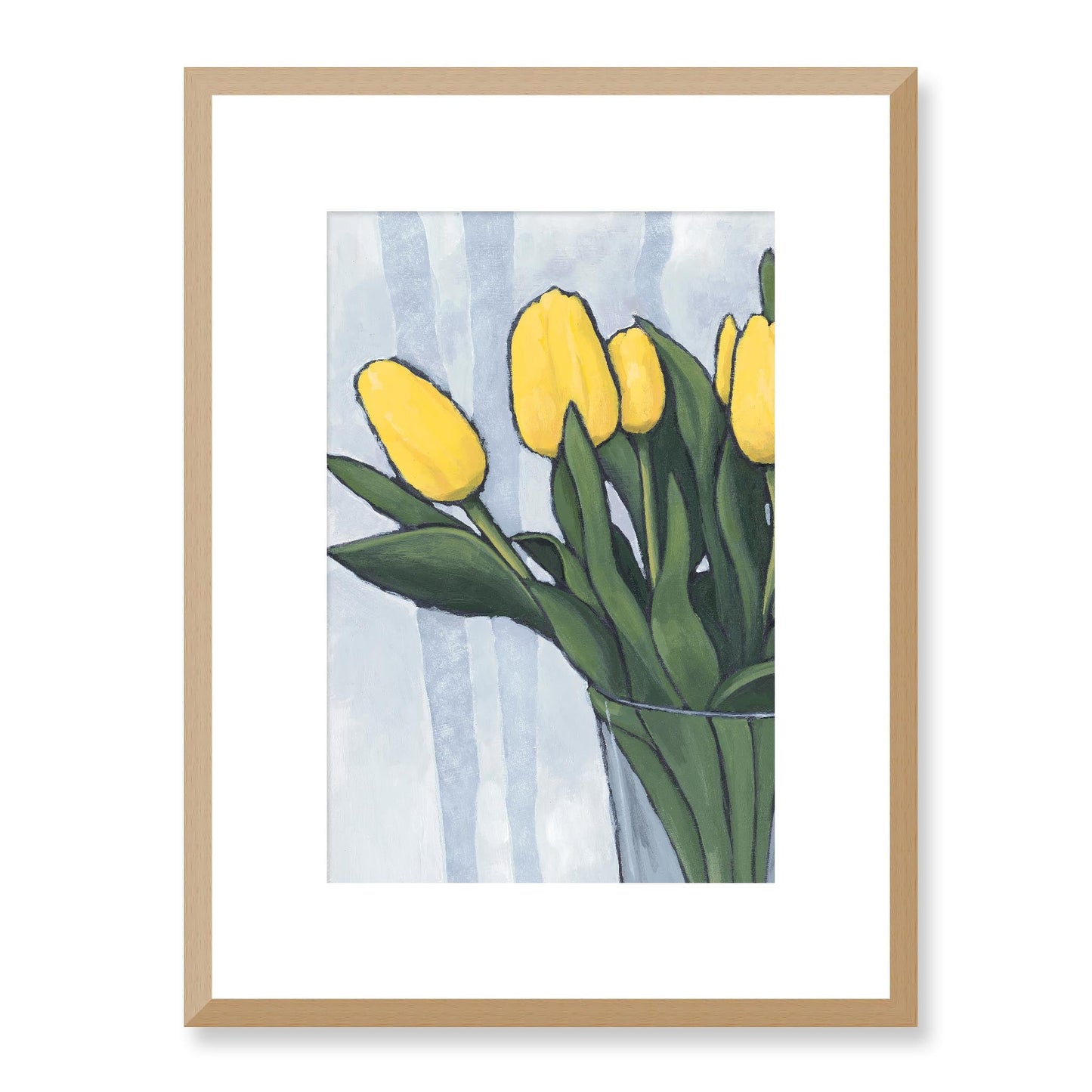 Framed Fine Art Print, White Mat - 12x16 16x22 20x28 24x36 28x40 inches | Yellow Tulips in Acrylic, FPV-1120-002, Prints, Fine art, Natural Frame, 30 x 41 cm ,12 x 16 inches