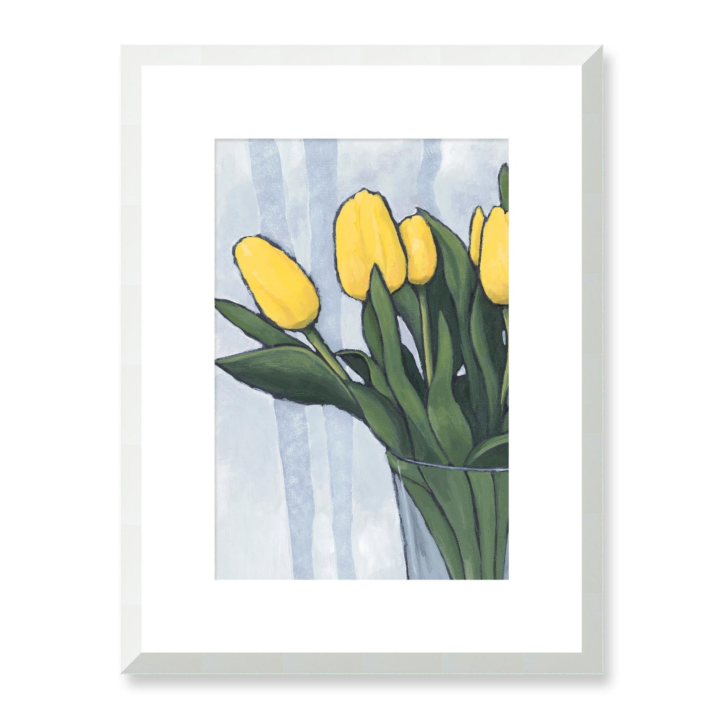 Framed Fine Art Print, White Mat - 12x16 16x22 20x28 24x36 28x40 inches | Yellow Tulips in Acrylic, FPV-1120-002, Prints, Fine art, White Frame, 30 x 41 cm ,12 x 16 inches