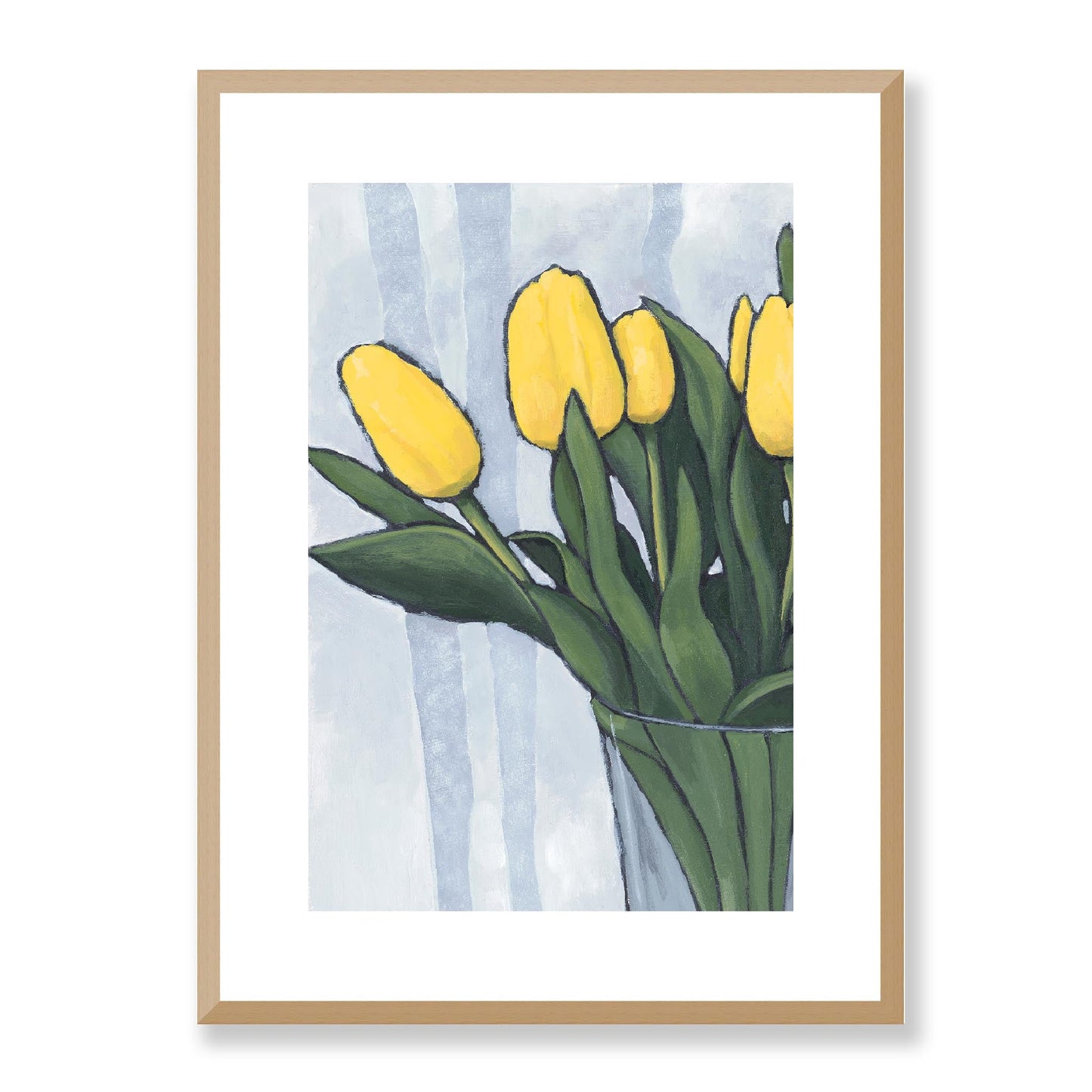 Framed Fine Art Print, White Mat - 12x16 16x22 20x28 24x36 28x40 inches | Yellow Tulips in Acrylic, FPV-1120-002, Prints, Fine art, Natural Frame, 41 x 56 cm ,16 x 22 inches