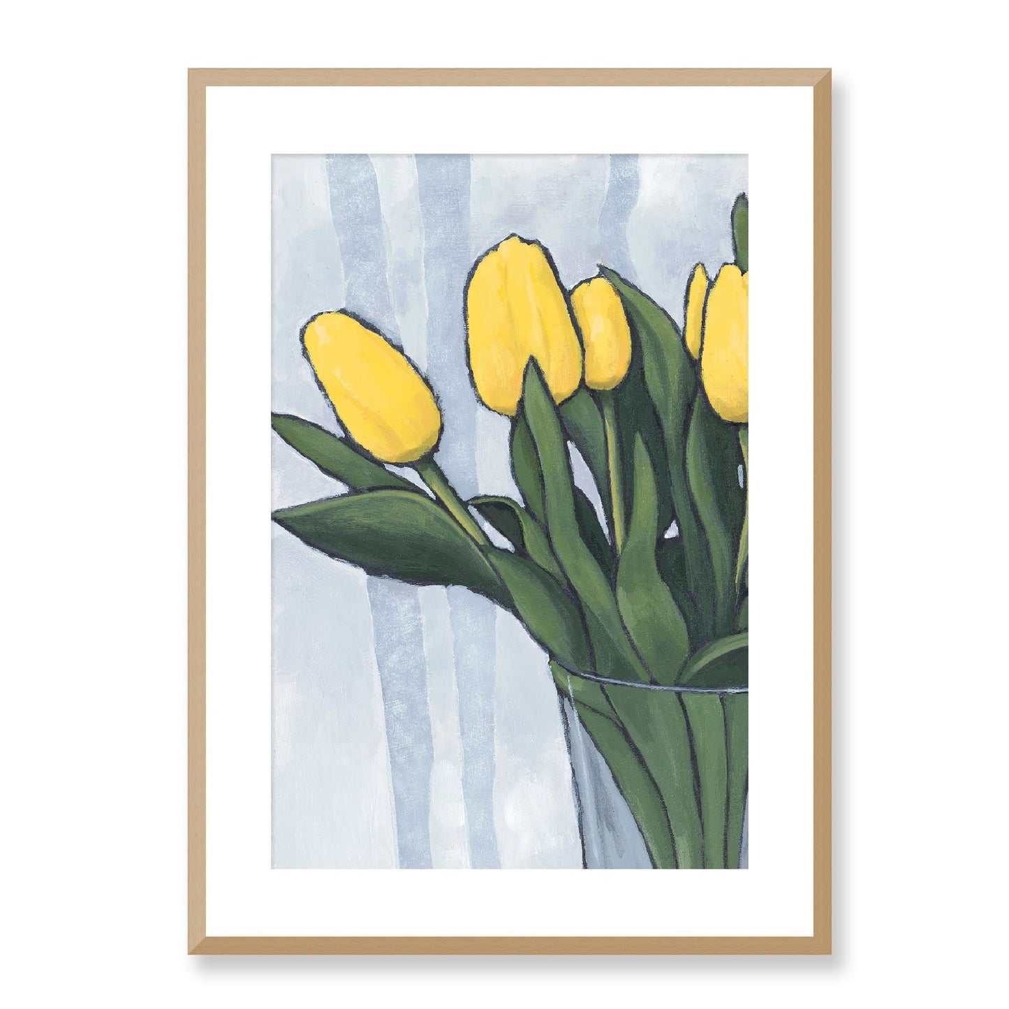 Framed Fine Art Print, White Mat - 12x16 16x22 20x28 24x36 28x40 inches | Yellow Tulips in Acrylic, FPV-1120-002, Prints, Fine art, Natural Frame, 51 x 71 cm ,20 x 28 inches