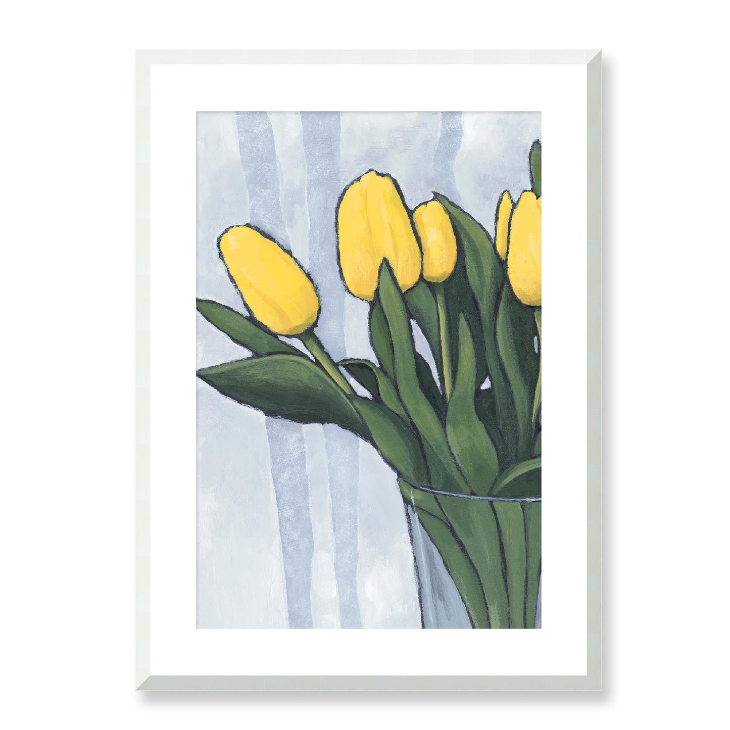Framed Fine Art Print, White Mat - 12x16 16x22 20x28 24x36 28x40 inches | Yellow Tulips in Acrylic, FPV-1120-002, Prints, Fine art, White Frame, 51 x 71 cm ,20 x 28 inches