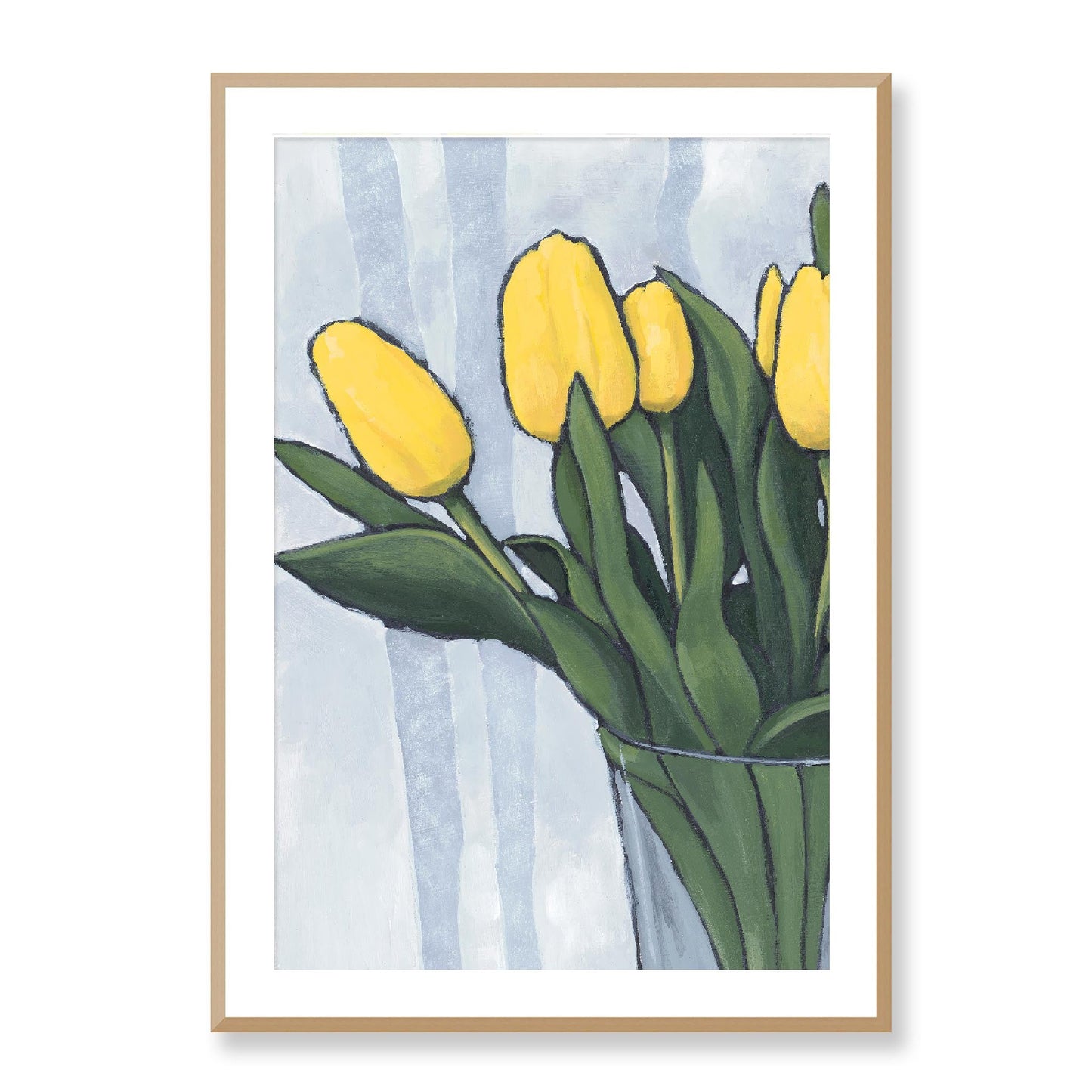 Framed Fine Art Print, White Mat - 12x16 16x22 20x28 24x36 28x40 inches | Yellow Tulips in Acrylic, FPV-1120-002, Prints, Fine art, Natural Frame, 71 x 102 cm ,28 x 40 inches