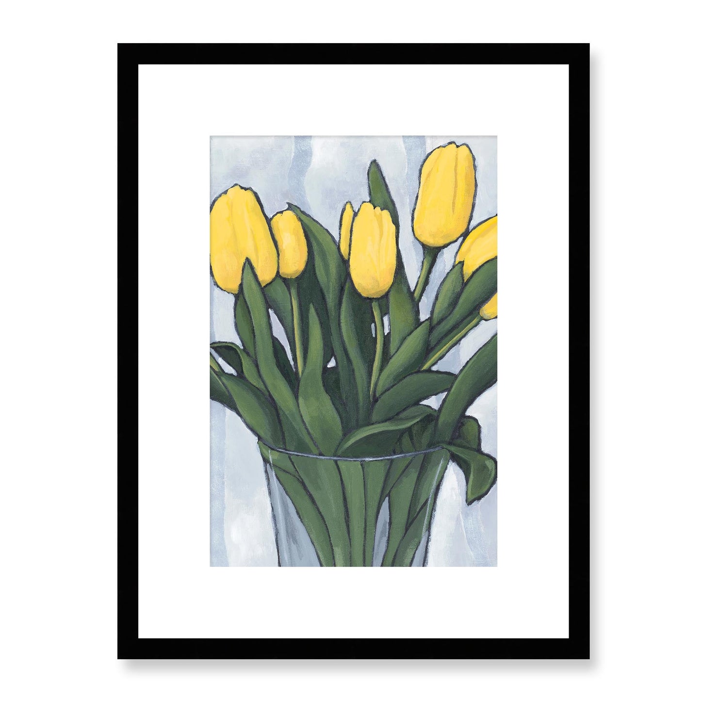 Framed Fine Art Print, White Mat - 12x16 16x22 20x28 24x36 28x40 inches | Yellow Tulips in Acrylic, FPV-1120-003, Prints, Fine art, Black Frame, 30 x 41 cm ,12 x 16 inches