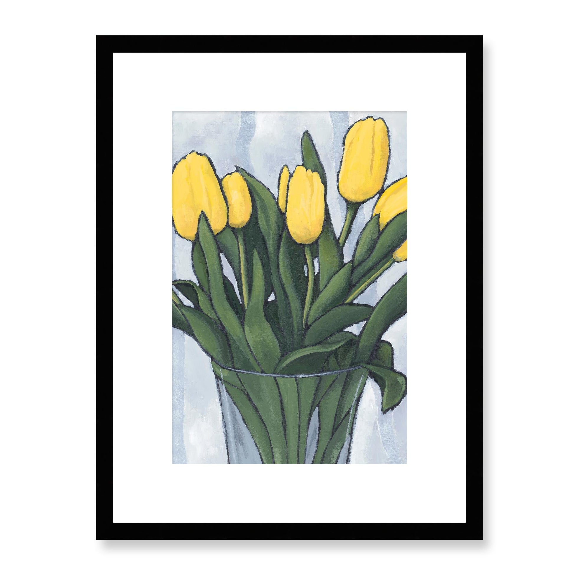 Framed Fine Art Print, White Mat - 12x16 16x22 20x28 24x36 28x40 inches | Yellow Tulips in Acrylic, FPV-1120-003, Prints, Fine art, Black Frame, 30 x 41 cm ,12 x 16 inches