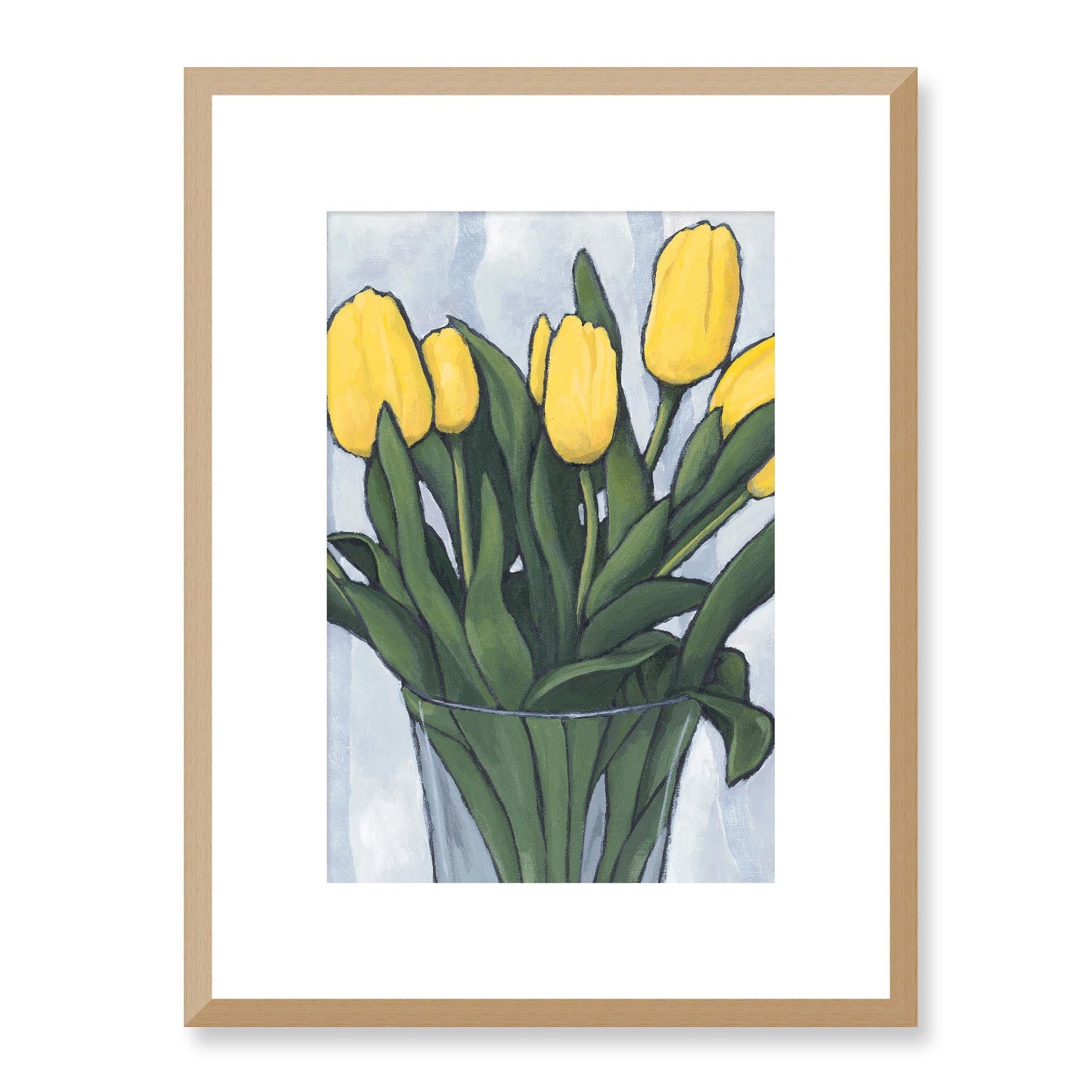 Framed Fine Art Print, White Mat - 12x16 16x22 20x28 24x36 28x40 inches | Yellow Tulips in Acrylic, FPV-1120-003, Prints, Fine art, Natural Frame, 30 x 41 cm ,12 x 16 inches