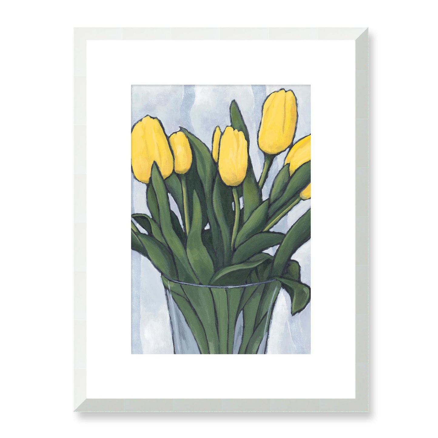 Framed Fine Art Print, White Mat - 12x16 16x22 20x28 24x36 28x40 inches | Yellow Tulips in Acrylic, FPV-1120-003, Prints, Fine art, White Frame, 30 x 41 cm ,12 x 16 inches