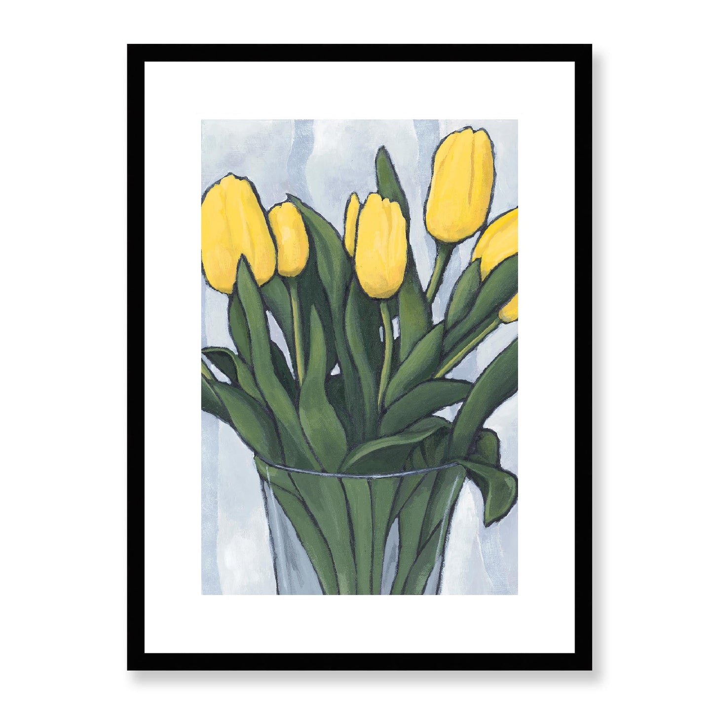 Framed Fine Art Print, White Mat - 12x16 16x22 20x28 24x36 28x40 inches | Yellow Tulips in Acrylic, FPV-1120-003, Prints, Fine art, Black Frame, 41 x 56 cm ,16 x 22 inches