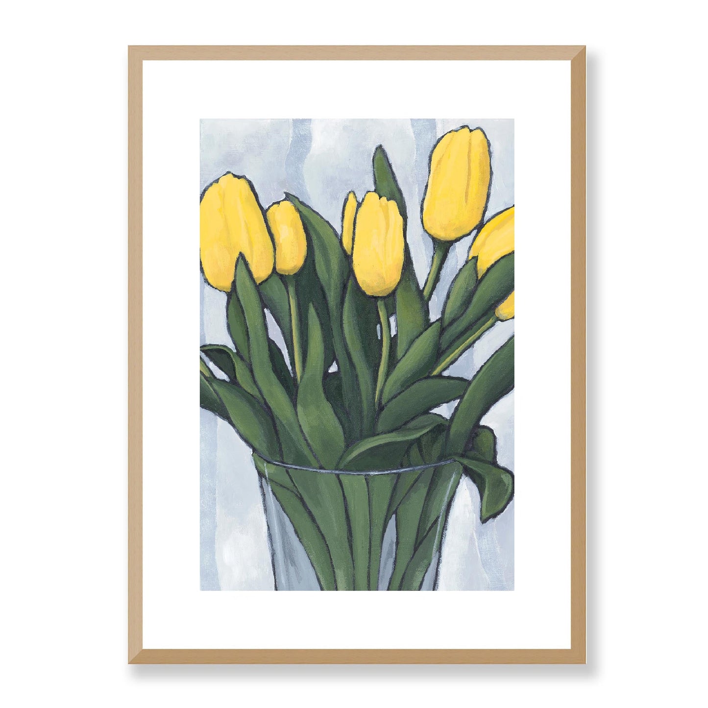 Framed Fine Art Print, White Mat - 12x16 16x22 20x28 24x36 28x40 inches | Yellow Tulips in Acrylic, FPV-1120-003, Prints, Fine art, Natural Frame, 41 x 56 cm ,16 x 22 inches