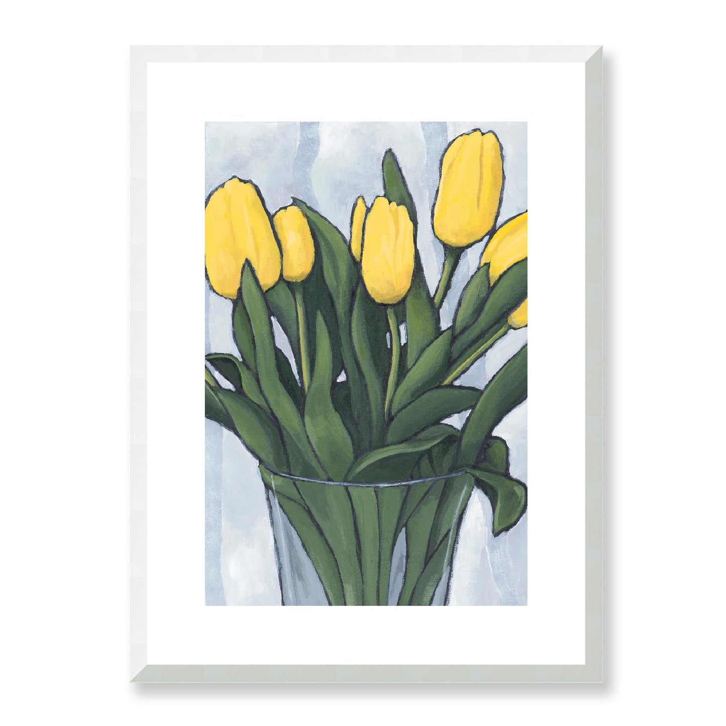 Framed Fine Art Print, White Mat - 12x16 16x22 20x28 24x36 28x40 inches | Yellow Tulips in Acrylic, FPV-1120-003, Prints, Fine art, White Frame, 41 x 56 cm ,16 x 22 inches