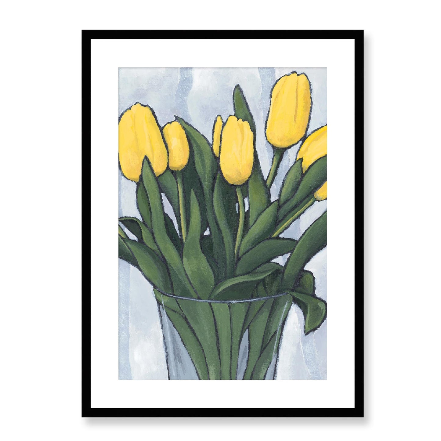 Framed Fine Art Print, White Mat - 12x16 16x22 20x28 24x36 28x40 inches | Yellow Tulips in Acrylic, FPV-1120-003, Prints, Fine art, Black Frame, 51 x 71 cm ,20 x 28 inches