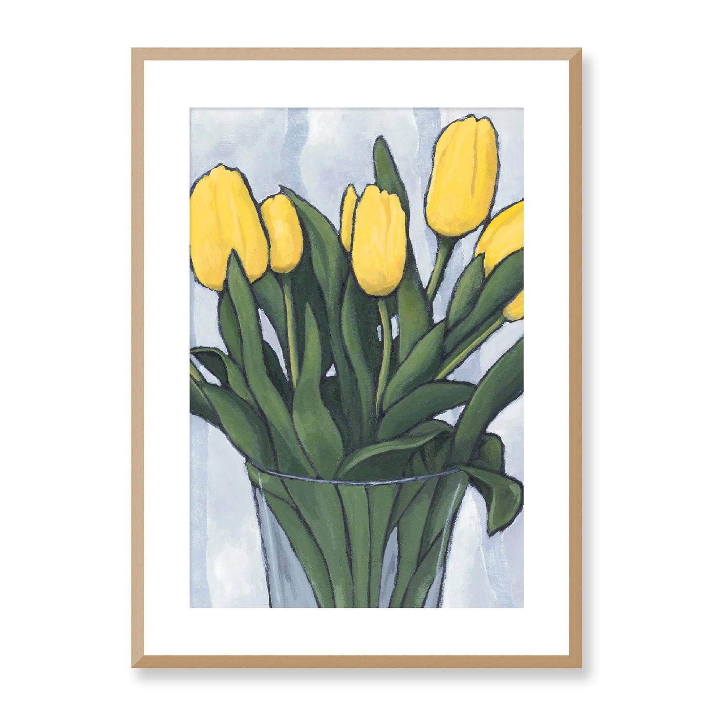 Framed Fine Art Print, White Mat - 12x16 16x22 20x28 24x36 28x40 inches | Yellow Tulips in Acrylic, FPV-1120-003, Prints, Fine art, Natural Frame, 51 x 71 cm ,20 x 28 inches