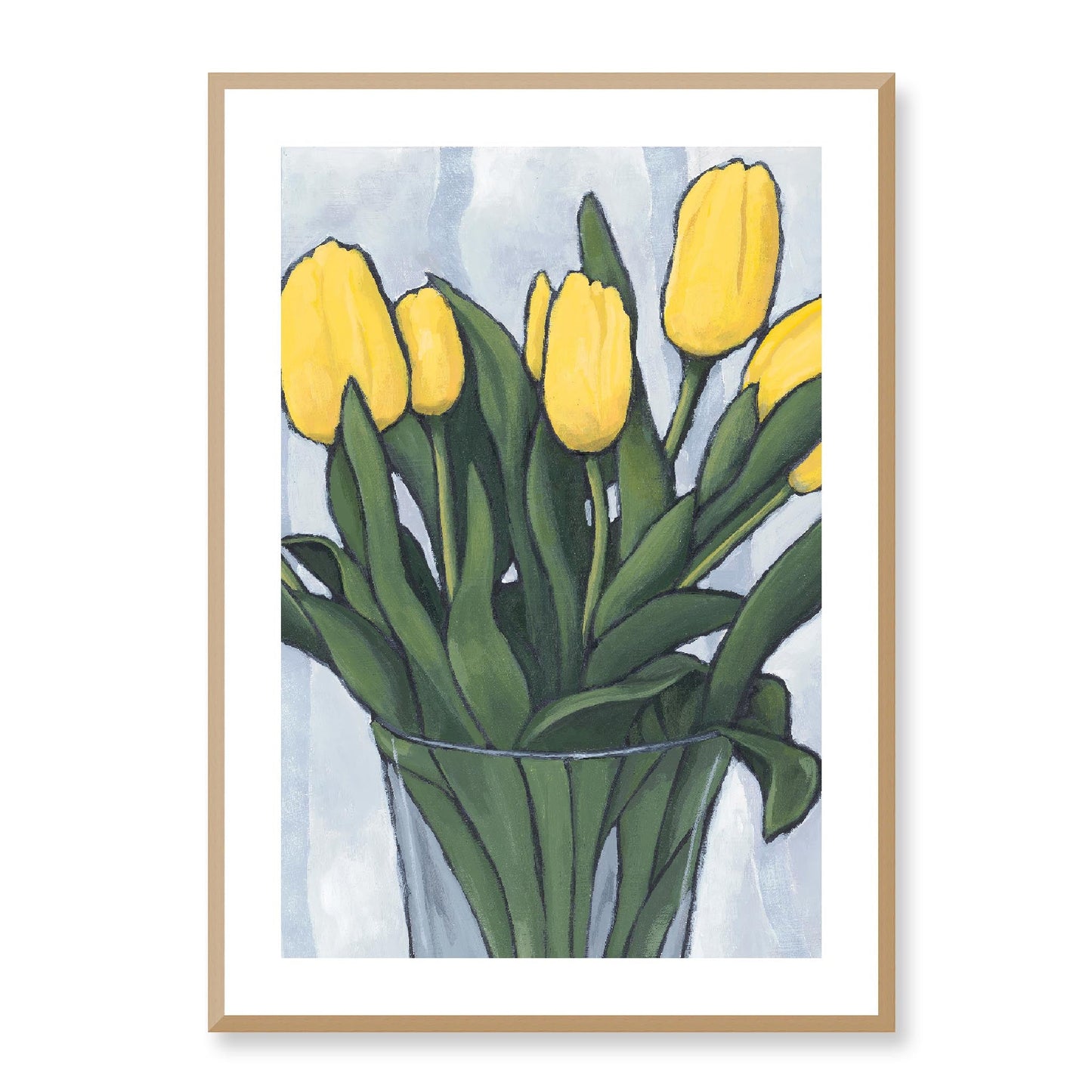 Framed Fine Art Print, White Mat - 12x16 16x22 20x28 24x36 28x40 inches | Yellow Tulips in Acrylic, FPV-1120-003, Prints, Fine art, Natural Frame, 61 x 86 cm ,24 x 34 inches