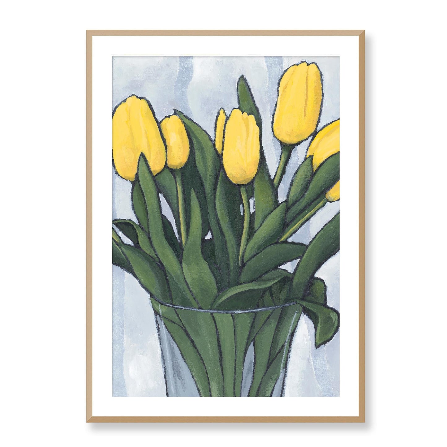 Framed Fine Art Print, White Mat - 12x16 16x22 20x28 24x36 28x40 inches | Yellow Tulips in Acrylic, FPV-1120-003, Prints, Fine art, Natural Frame, 71 x 102 cm ,28 x 40 inches