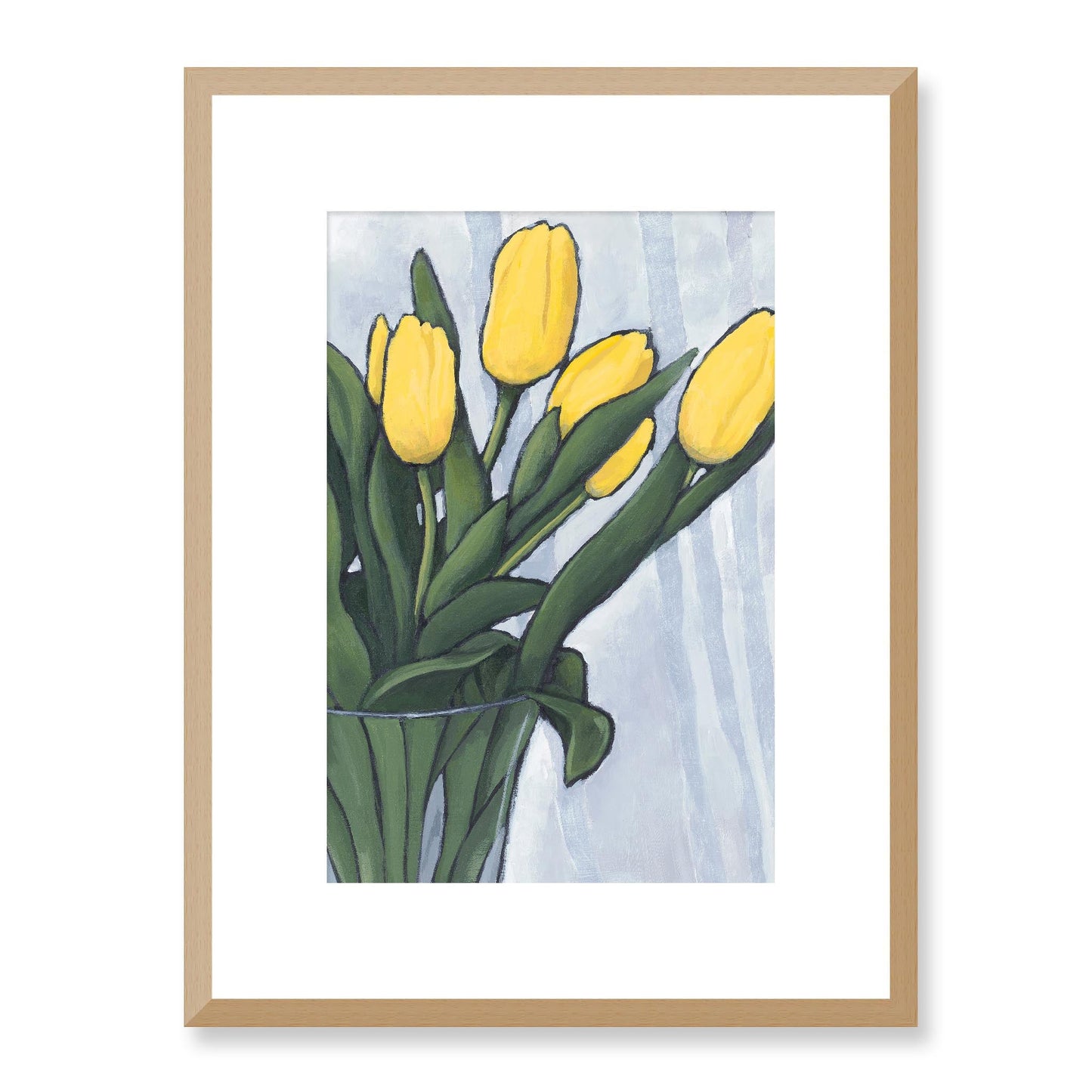 Framed Fine Art Print, White Mat - 12x16 16x22 20x28 24x36 28x40 inches | Yellow Tulips in Acrylic, FPV-1120-004, Prints, Fine art, Natural Frame, 30 x 41 cm ,12 x 16 inches
