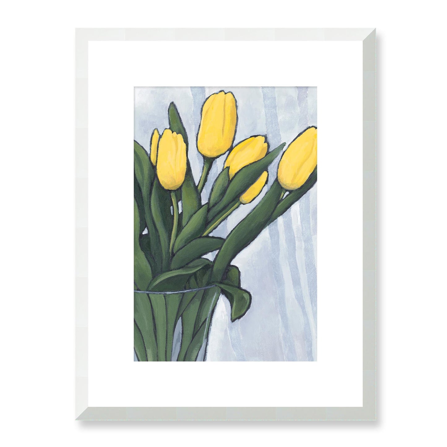 Framed Fine Art Print, White Mat - 12x16 16x22 20x28 24x36 28x40 inches | Yellow Tulips in Acrylic, FPV-1120-004, Prints, Fine art, White Frame, 30 x 41 cm ,12 x 16 inches