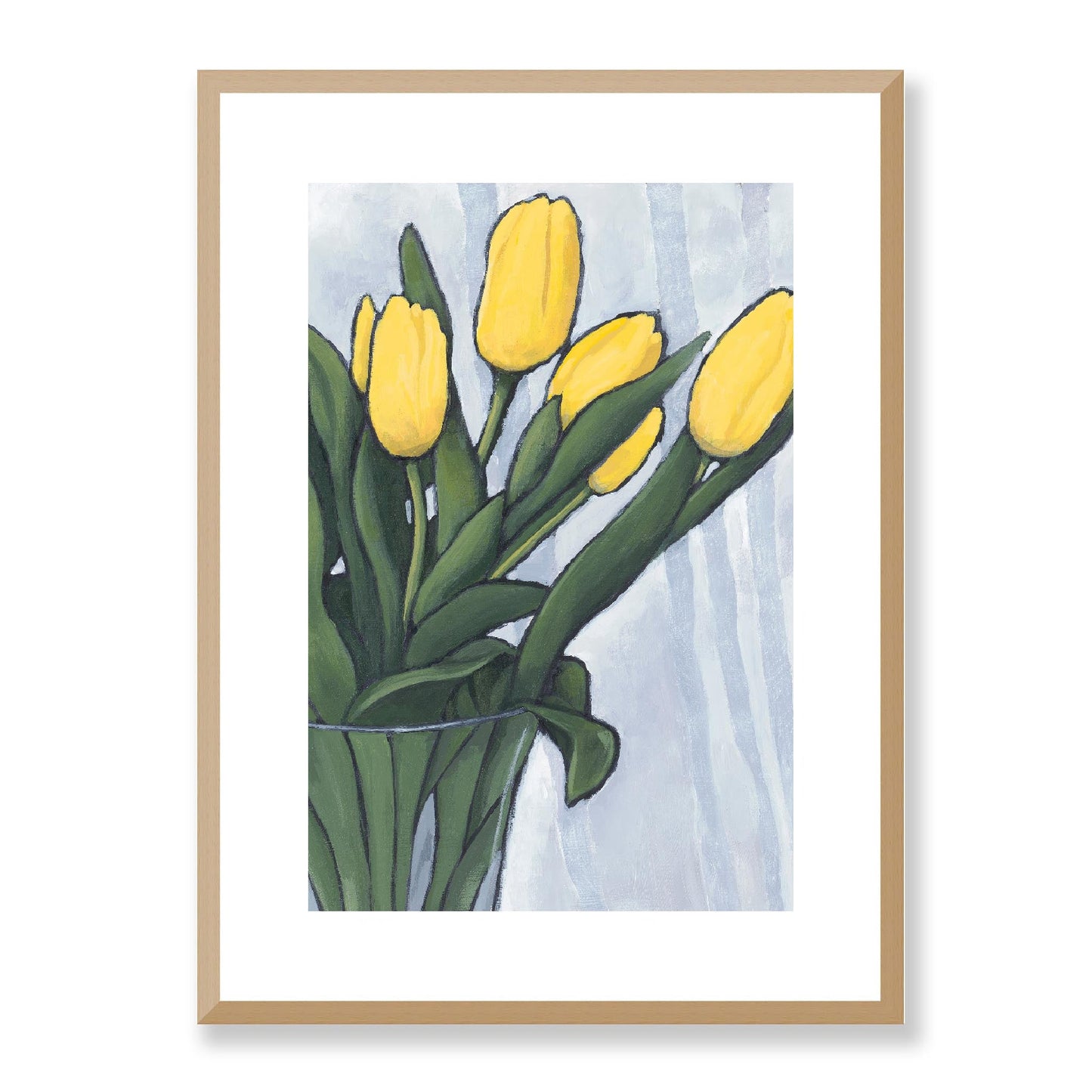 Framed Fine Art Print, White Mat - 12x16 16x22 20x28 24x36 28x40 inches | Yellow Tulips in Acrylic, FPV-1120-004, Prints, Fine art, Natural Frame, 41 x 56 cm ,16 x 22 inches