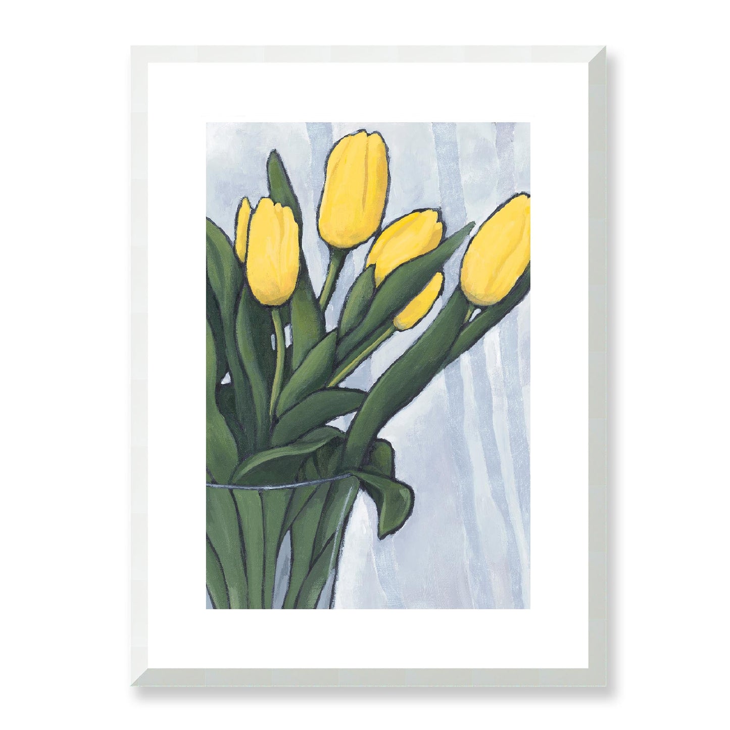Framed Fine Art Print, White Mat - 12x16 16x22 20x28 24x36 28x40 inches | Yellow Tulips in Acrylic, FPV-1120-004, Prints, Fine art, White Frame, 41 x 56 cm ,16 x 22 inches