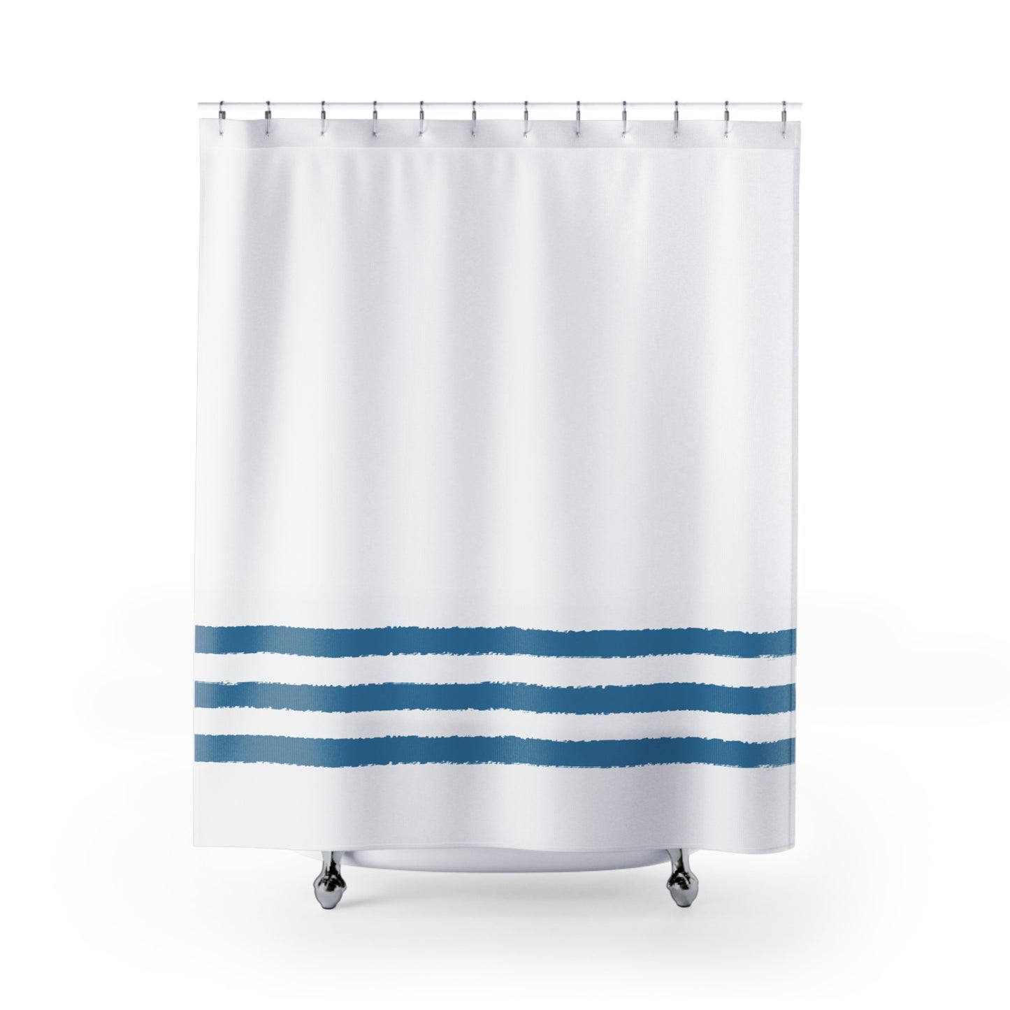 White Shower Curtain with Medium Blue-turquoise Hand-painted Stripe Print | SC-1153-200