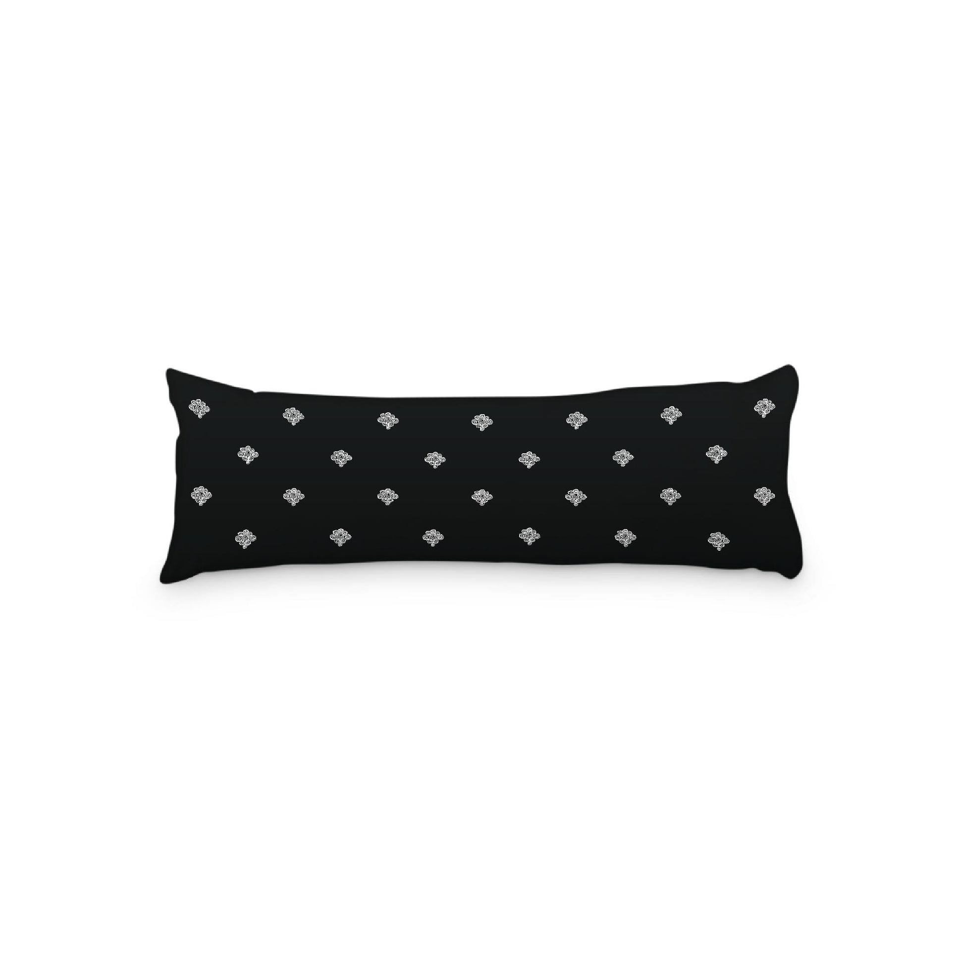 Black Microfiber Body Pillow, White Hand-painted Swizzle Motif Print, 20 x 54 inches / 51 x 137 cm