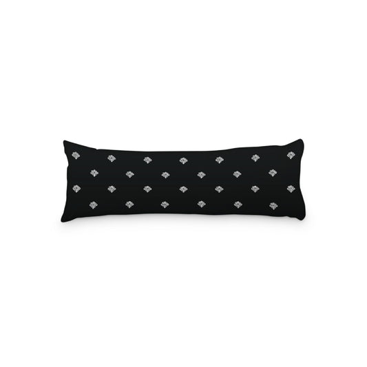 Black Microfiber Body Pillow, White Hand-painted Swizzle Motif Print, 20 x 54 inches / 51 x 137 cm