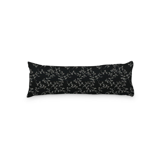 Black Microfiber Body Pillow, Pale Cream Hand-painted Vine Print, 20 x 54 inches / 51 x 137 cm