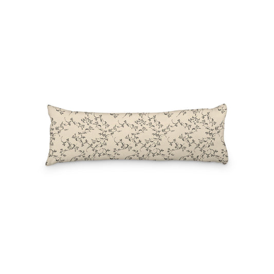 Beige Microfiber Body Pillow, Black Hand-painted Vine Print, 20 x 54 inches / 51 x 137 cm