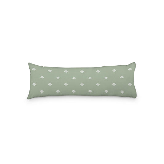Green Microfiber Body Pillow, White Hand-painted Swizzle Motif Print, 20 x 54 inches / 51 x 137 cm