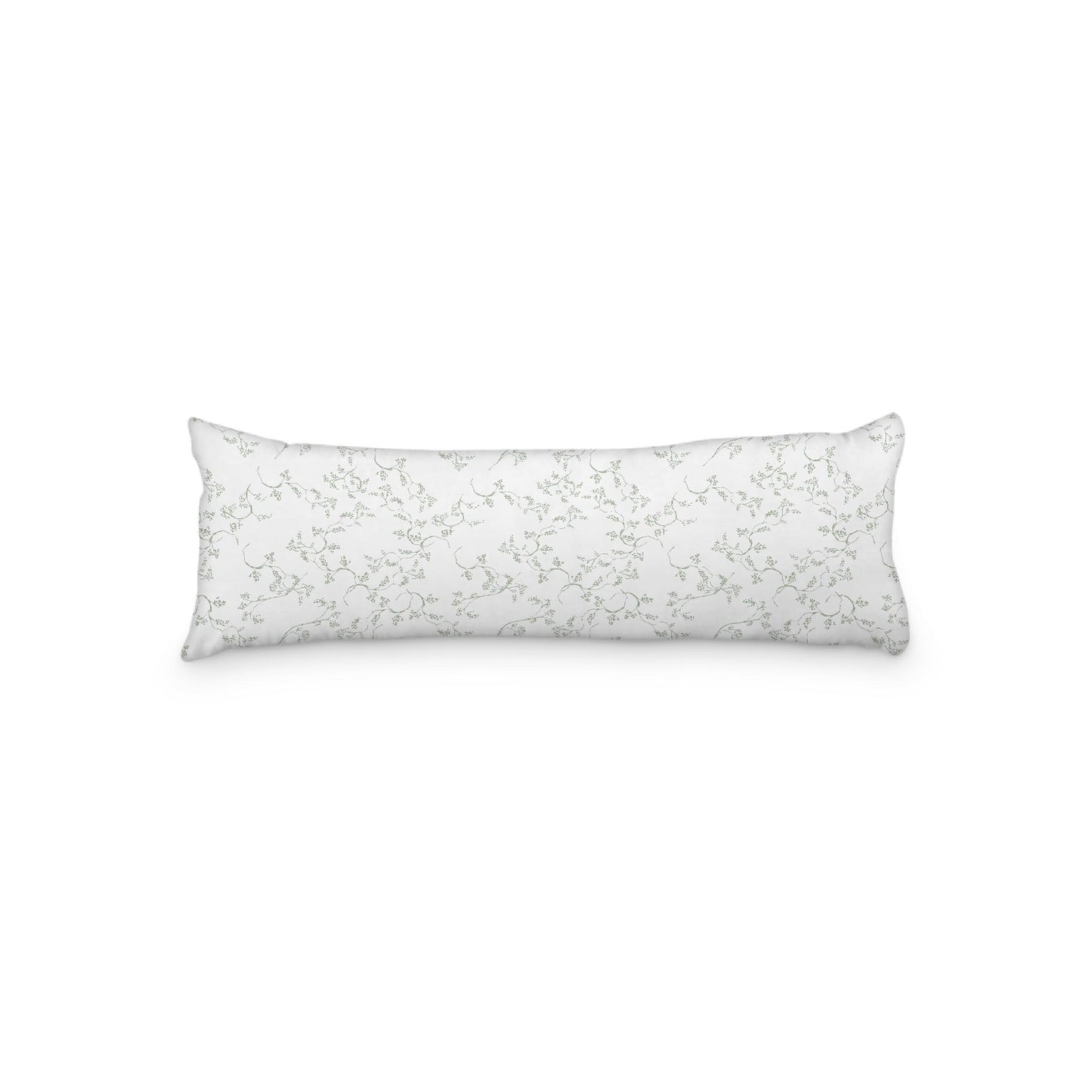 White Microfiber Body Pillow, Green Hand-painted Vine Print, 20 x 54 inches / 51 x 137 cm