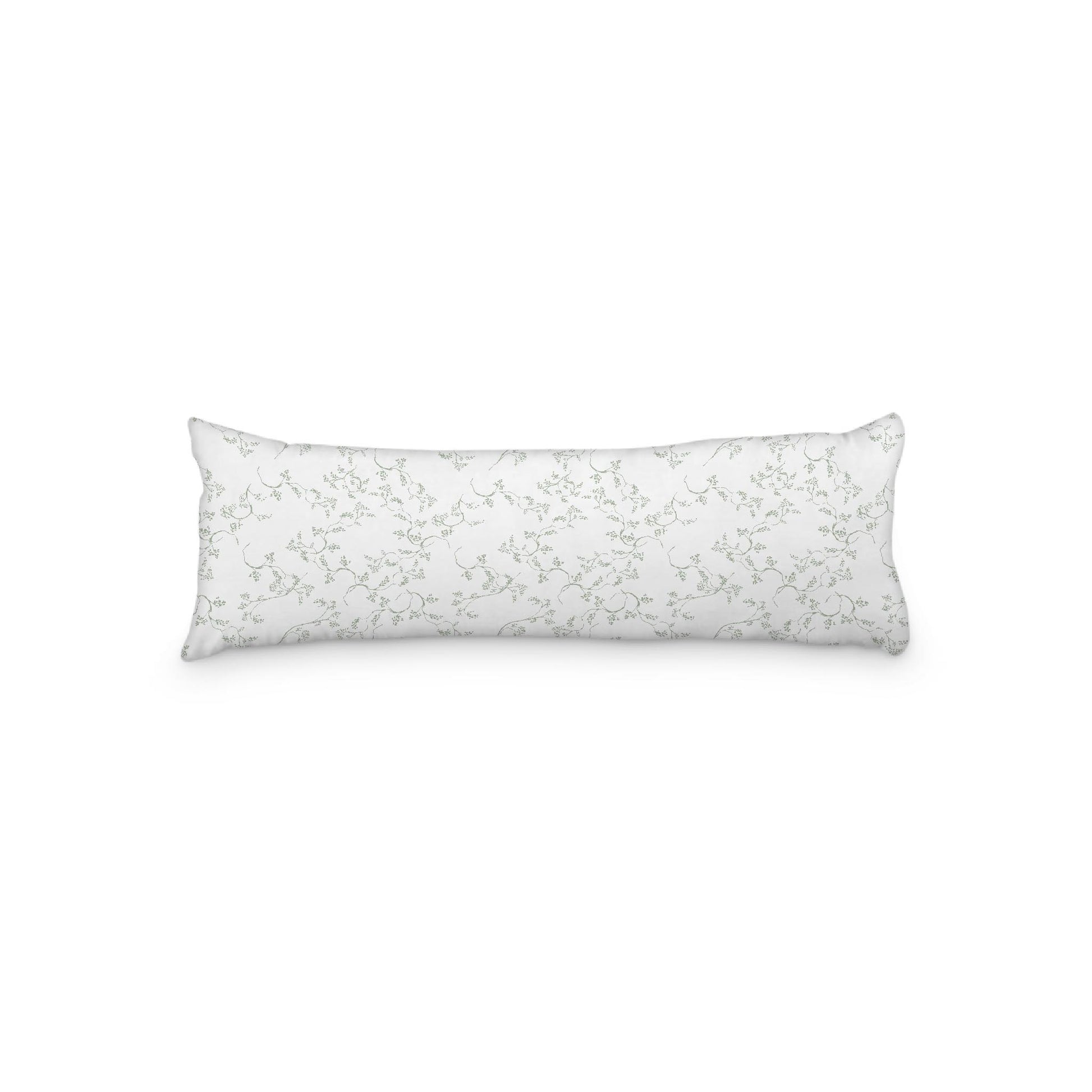 White Microfiber Body Pillow, Green Hand-painted Vine Print, 20 x 54 inches / 51 x 137 cm
