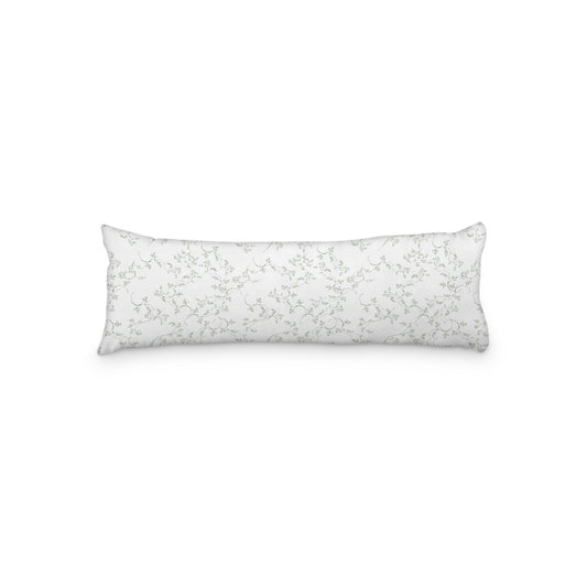 White Microfiber Body Pillow, Green Hand-painted Vine Print, 20 x 54 inches / 51 x 137 cm