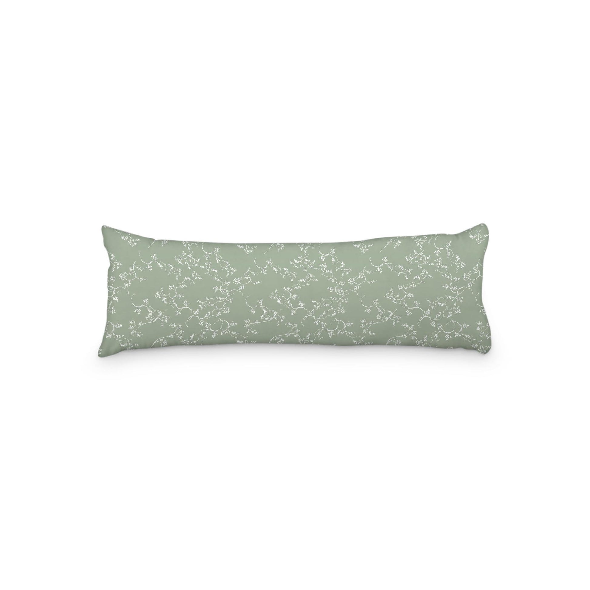 Green Microfiber Body Pillow, White Hand-painted Vine Print, 20 x 54 inches / 51 x 137 cm