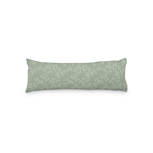 Green Microfiber Body Pillow, White Hand-painted Vine Print, 20 x 54 inches / 51 x 137 cm