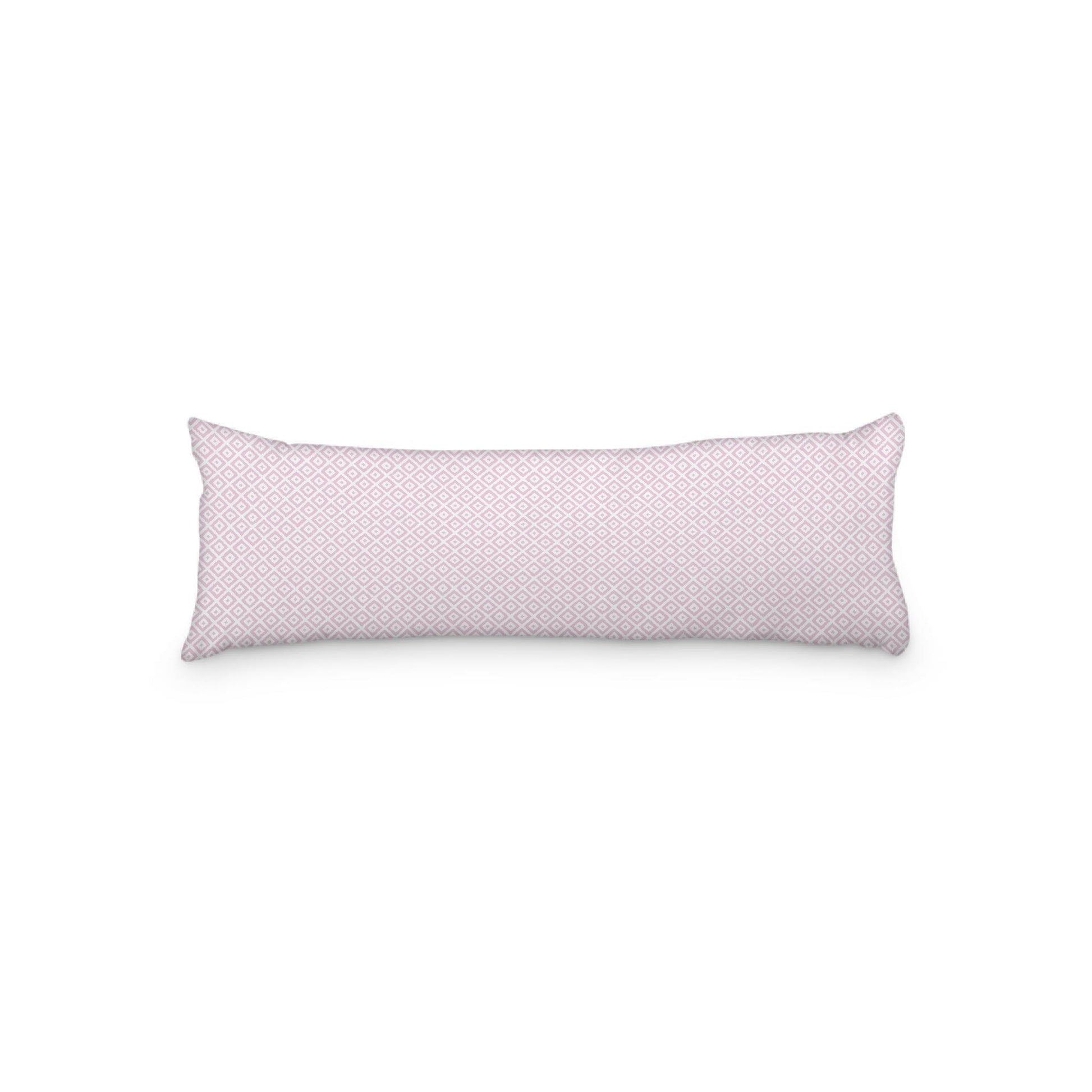 White Microfiber Body Pillow, Pink Repeating Square Motif Print, 20 x 54 inches / 51 x 137 cm