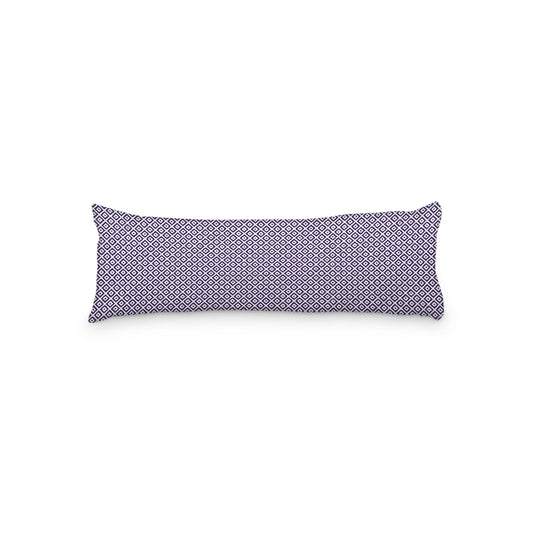 White Microfiber Body Pillow, Purple Repeating Square Motif Print, 20 x 54 inches / 51 x 137 cm