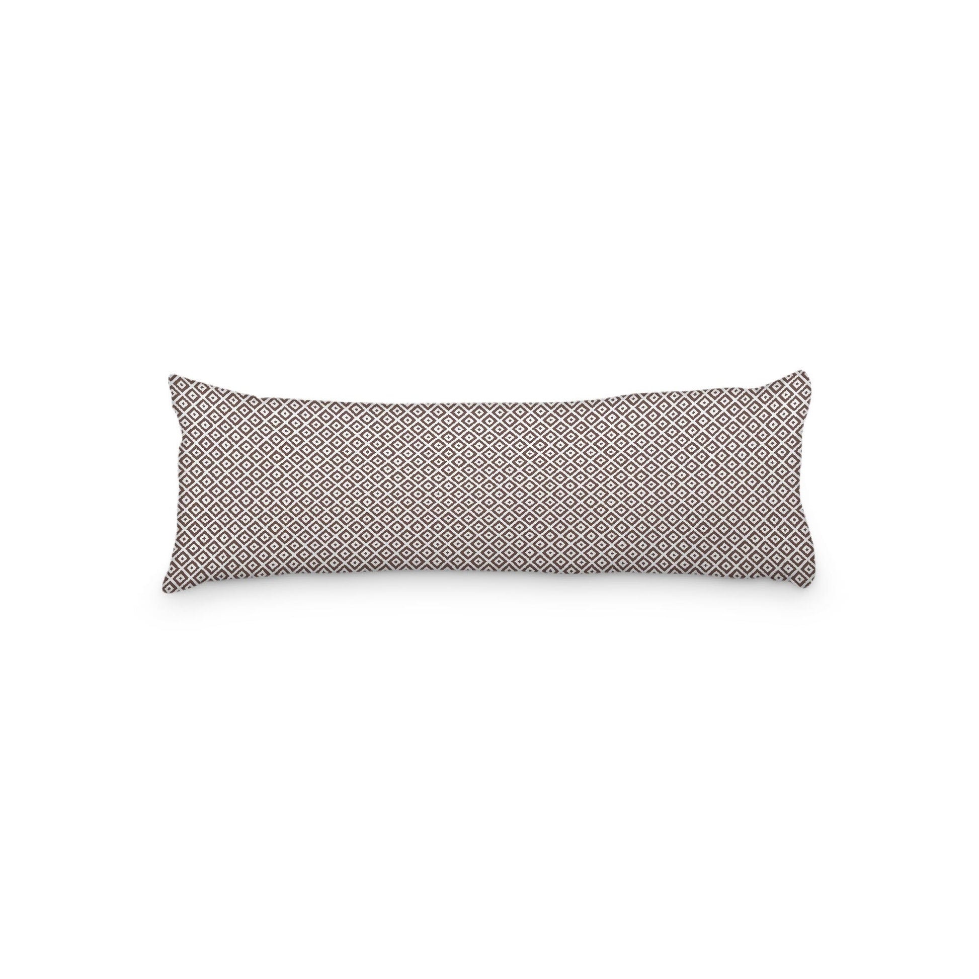 White Microfiber Body Pillow, Brown Repeating Square Motif Print, 20 x 54 inches / 51 x 137 cm
