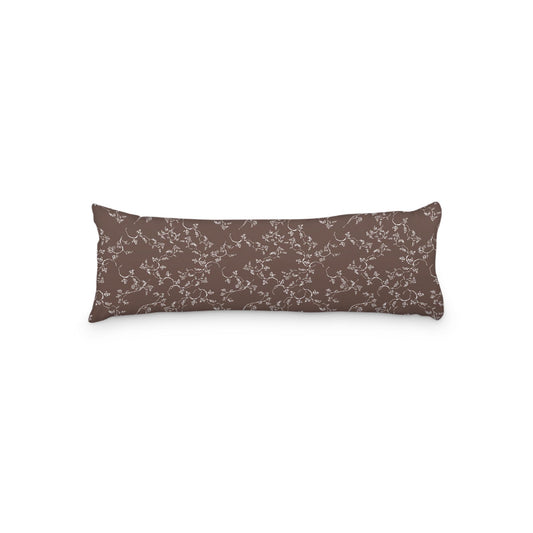 Brown Microfiber Body Pillow, White Hand-painted Vine Print, 20 x 54 inches / 51 x 137 cm