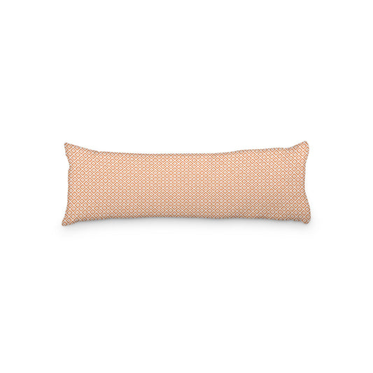 White Microfiber Body Pillow, Orange Repeating Square Motif Print, 20 x 54 inches / 51 x 137 cm