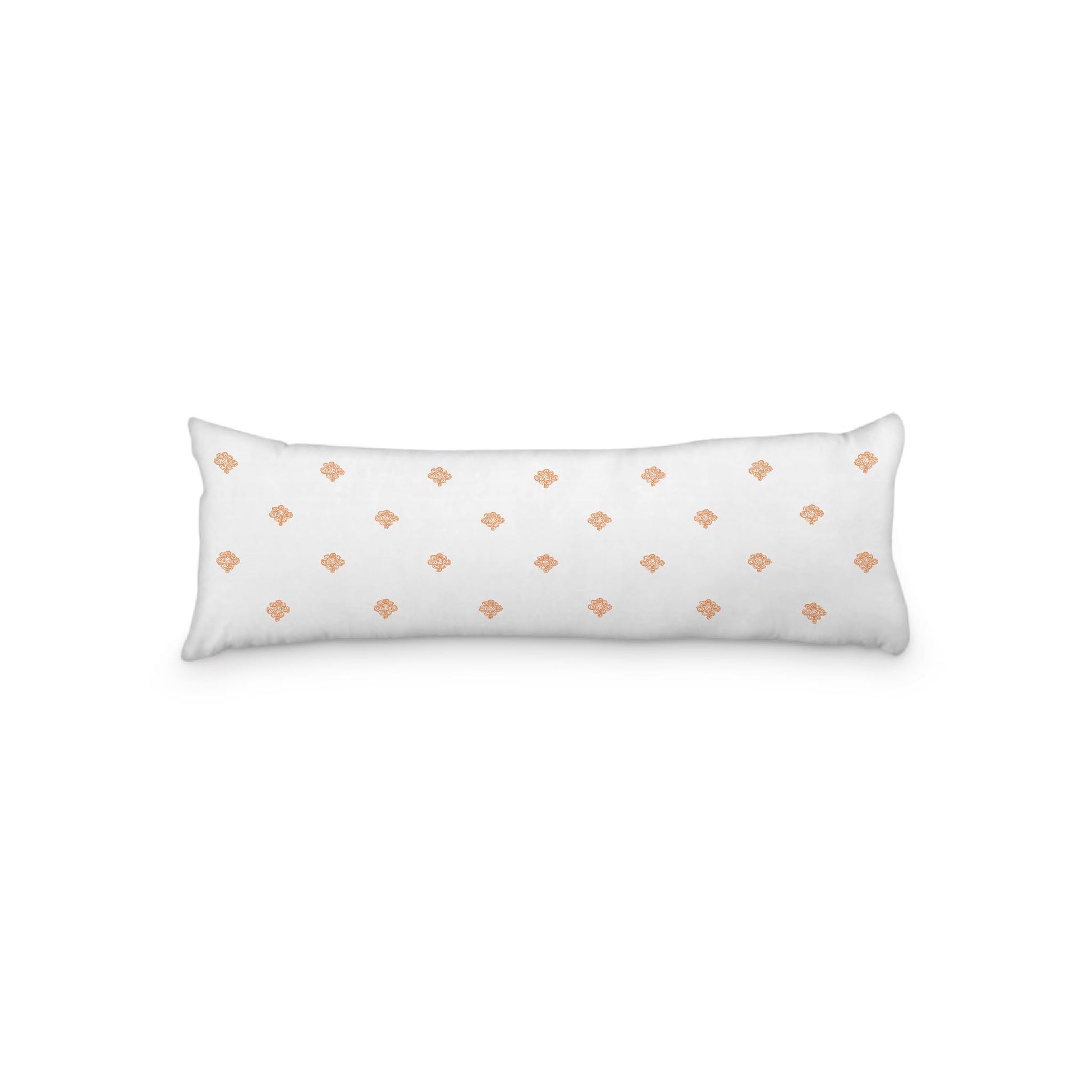 White Microfiber Body Pillow, Orange Hand-painted Swizzle Motif Print, 20 x 54 inches / 51 x 137 cm