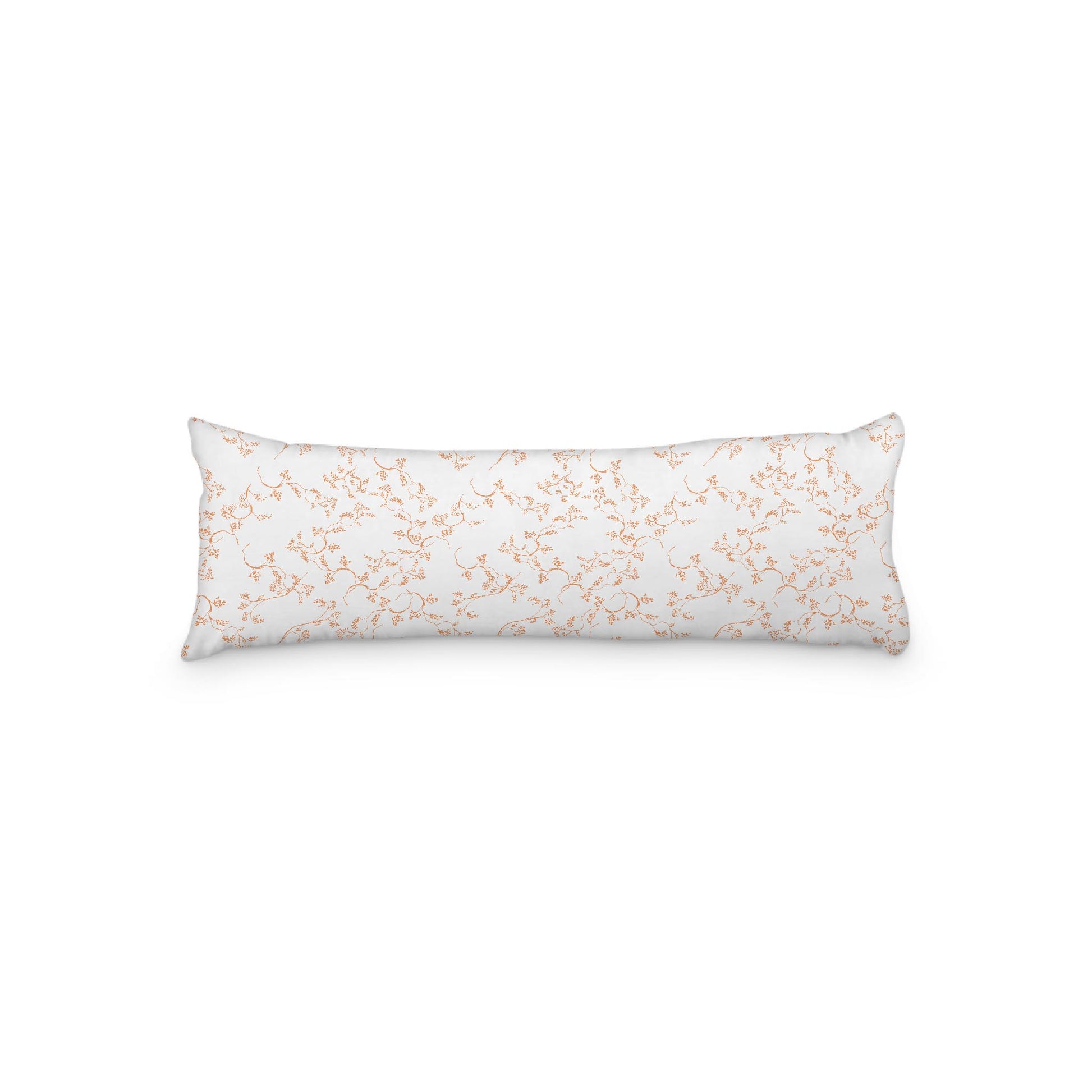 White Microfiber Body Pillow, Orange Hand-painted Vine Print, 20 x 54 inches / 51 x 137 cm