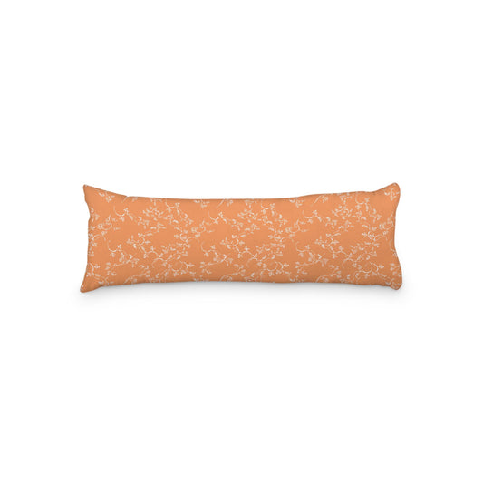 Orange Microfiber Body Pillow, White Hand-painted Vine Print, 20 x 54 inches / 51 x 137 cm