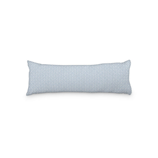 White Microfiber Body Pillow, Blue Repeating Square Motif Print, 20 x 54 inches / 51 x 137 cm