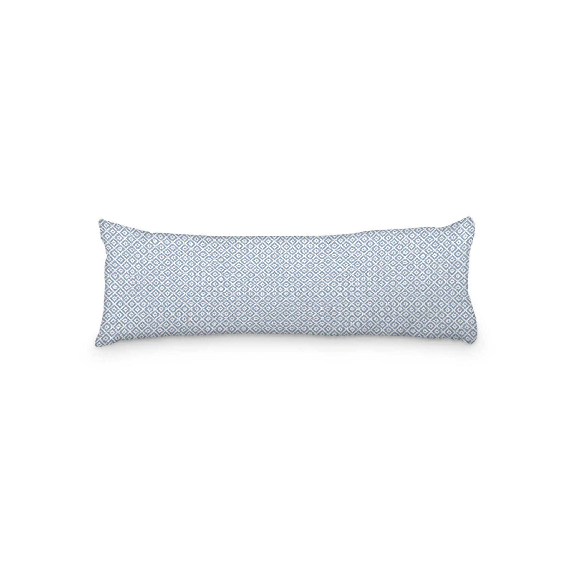 White Microfiber Body Pillow, Blue Repeating Square Motif Print, 20 x 54 inches / 51 x 137 cm