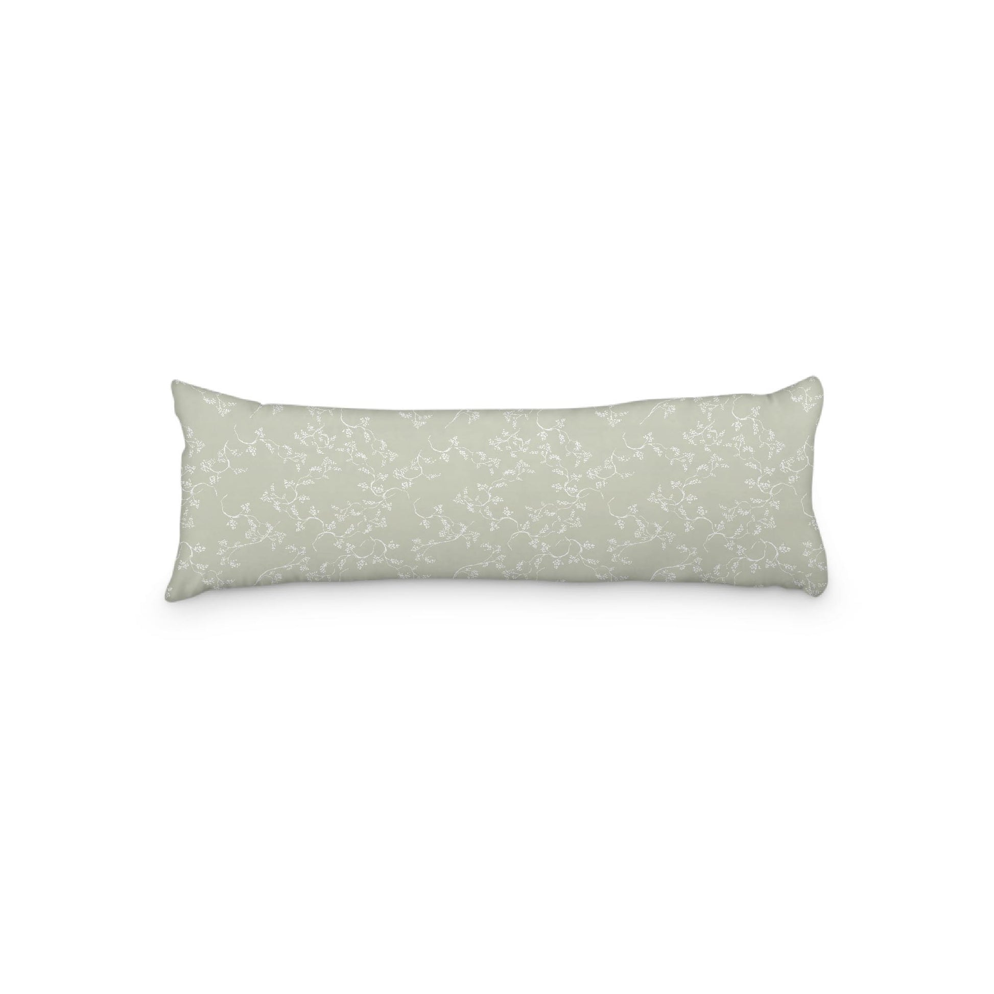 Pale Green Microfiber Body Pillow, White Hand-painted Vine Print, 20 x 54 inches / 51 x 137 cm