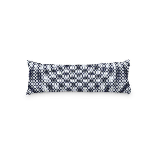White Microfiber Body Pillow, Navy Blue Repeating Square Motif Print, 20 x 54 inches / 51 x 137 cm