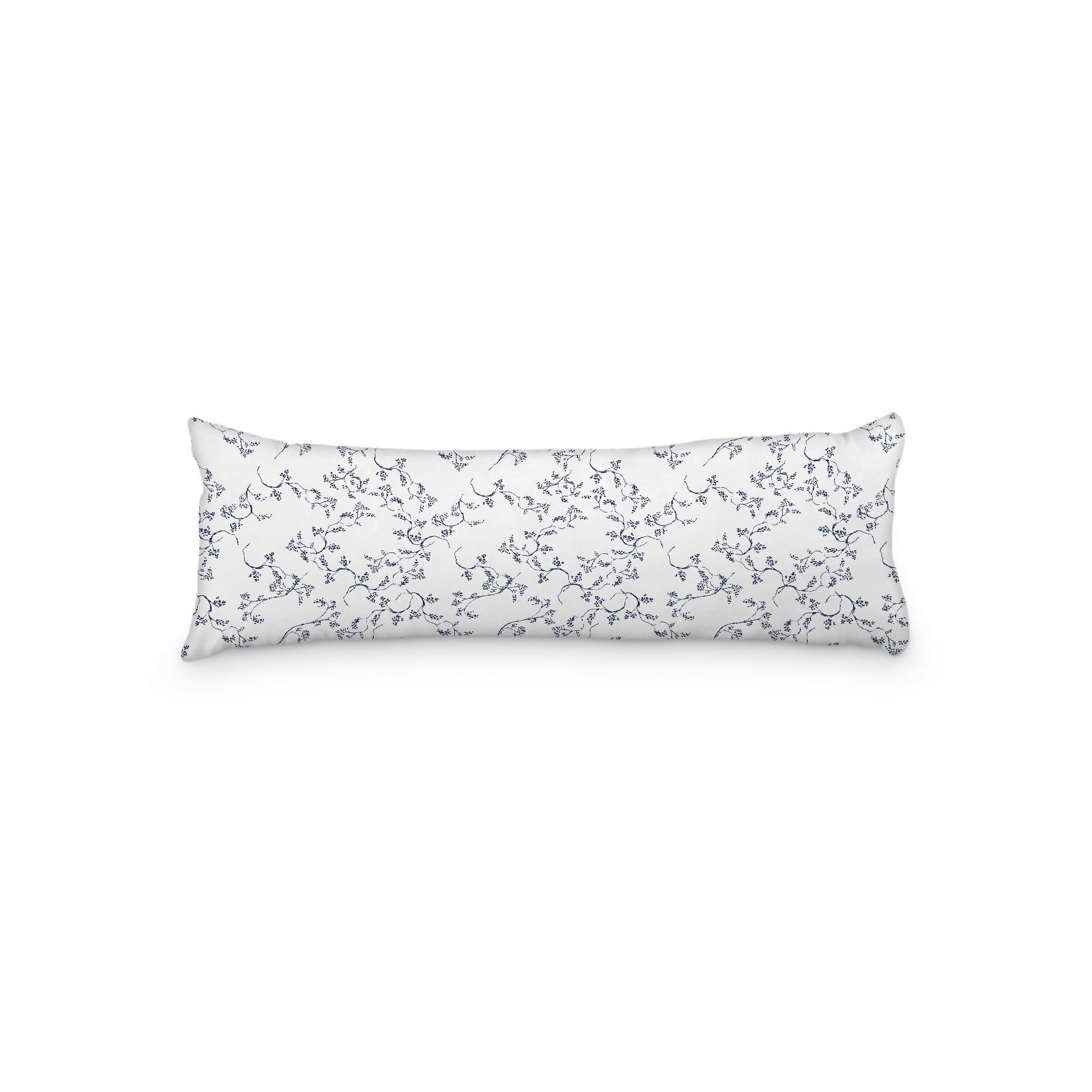 White Microfiber Body Pillow, Navy Blue Hand-painted Vine Print, 20 x 54 inches / 51 x 137 cm