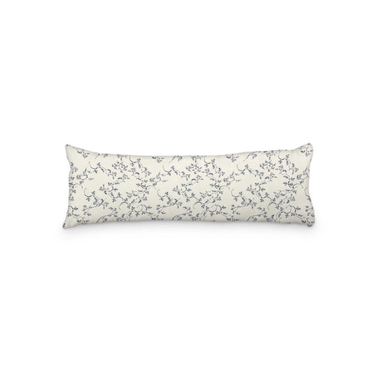 Pale Cream Microfibre Body Pillow, Navy Blue Hand-painted Vine Print, 20 x 54 inches / 51 x 137 cm